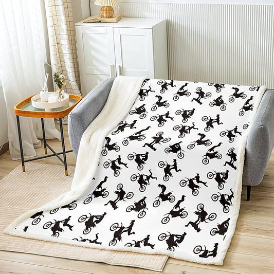 Motocross Rider Fleece Throw Blanket for Bed Sofa Couch Kids Extreme Sports Motorcycle Fuzzy Blanket Dirt Bike Motorbike Sherpa Blanket Boy Room Decor Plush Blanket Queen 90"x90"