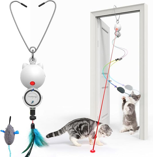 Interactive Cat Toys LED Light Hanging Cat Toys for Indoor Cats, Cat Wand Toy Cat Feather Toy, Feather & Mouse Cat Toys for Bored Adult Cats Kitten Exercise, White