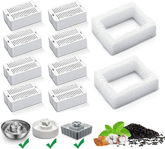 Cat Water Fountain Replacement Filters, 8 Pack Cat Fountain Carbon Filters and 2 Pack Foam Filters for Ceramic Pet Drinking Fountain and Stainless Steel Pet Water Fountain (8+2 Pack)
