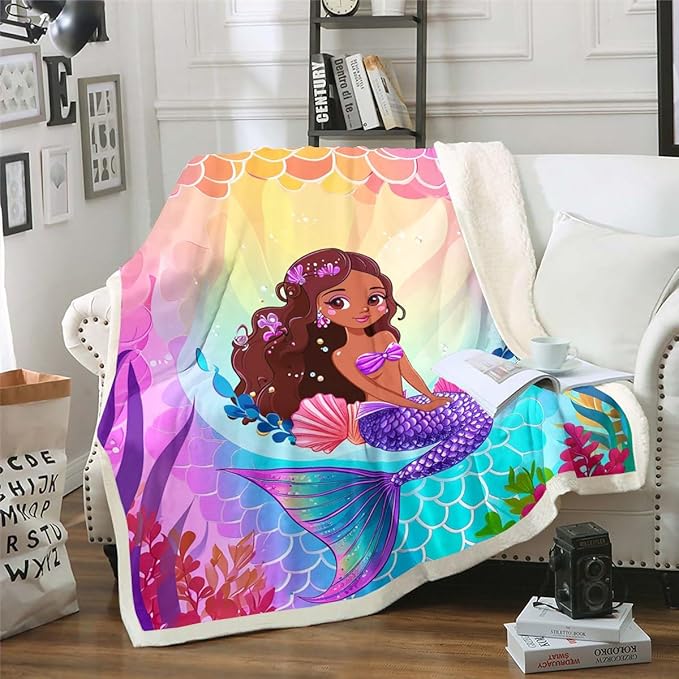 Mermaid Fleece Blanket for Girls Black Girl Sherpa Blanket, Psychedelic Underwater World Blanket Twin Size Red Floral Throw Blanket for Sofa, Green Seaweed Flannel Blanket Microfiber Decoratives