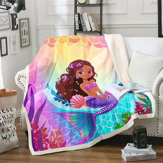Mermaid Fleece Blanket for Girls Black Girl Sherpa Blanket, Psychedelic Underwater World Blanket Twin Size Red Floral Throw Blanket for Sofa, Green Seaweed Flannel Blanket Microfiber Decoratives