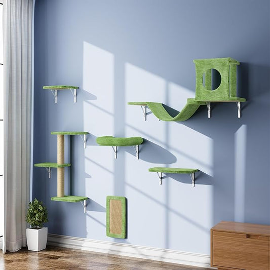 Wall Mounted Cat Furniture, 6pc Cat Wall Furniture, Cat Climber with Cat House, Bridge, Tree, Steps, and Scratcher, DIY Cat Walls Playground, Cat Shelves for Indoor Wall Furniture Set - Green