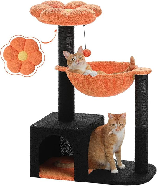 Halloween Cat Tree with Yellow Flower Perch - Black Scratching Posts, 35" Coffin Cat Tower with Large Hammock Cat Condo for Small Indoor Cats, Yellow Pumpkin Cat Bed for Kittens,Orange