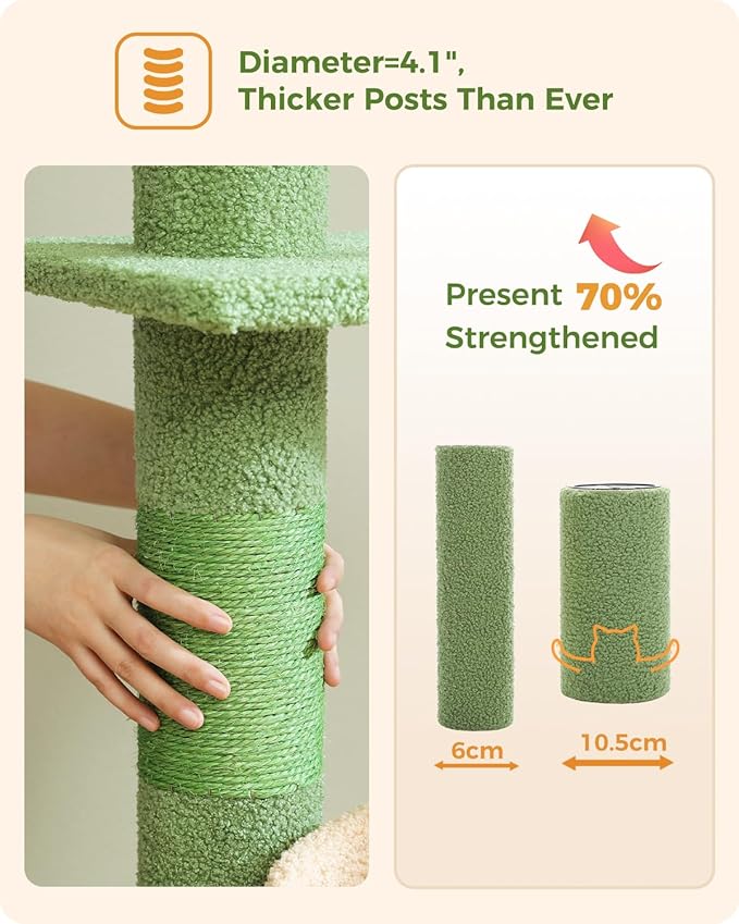 PETEPELA Floor to Ceiling Cat Tree [87"-100"] Height Adjustable, 5 Levels Cactus Cat Tower with Cat Perch&Replaceable Hammock(Visible Acrylic Bowl), 4.1" Super Robust Cat Scratcher Green