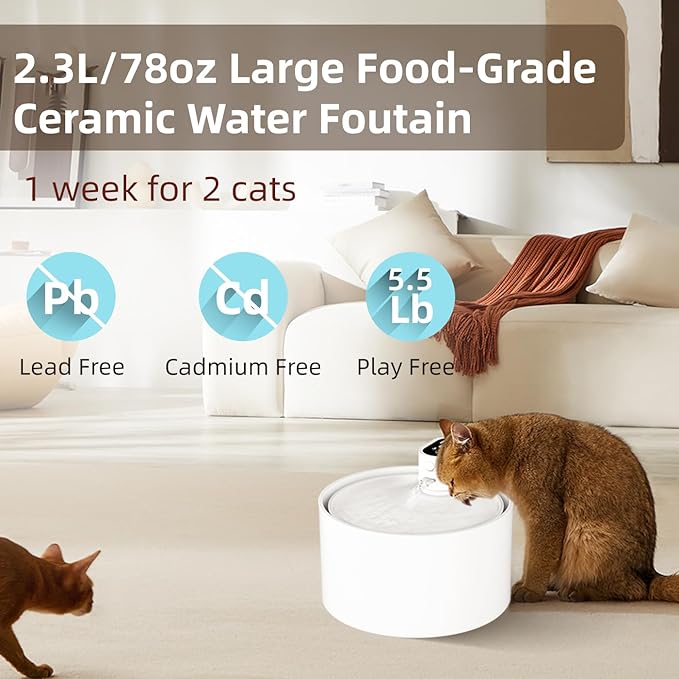 Ceramic Cat Water Fountain,2.3lL/78oz Cat Water Fountain Cordless Automatic with Ultra-Quiet Pump and 4 Filter for Cats, Dogs, Multiple Pets
