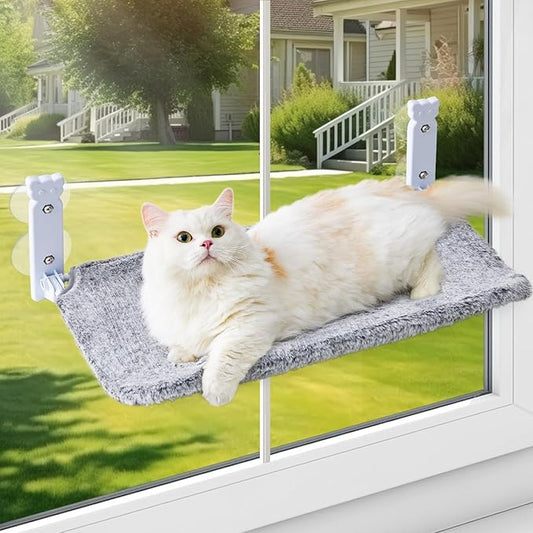 Cat Window Perch for Cats Inside, Foldable Cat Window Hammock for Large Cats Indoor, Cordless Cat Window Bed Seat with 4 Suction Cups, Sturdy Metal Frame, Soft Reversible Cover, Large, Grey