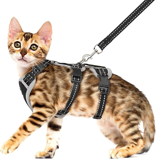 Cat Harness for Walking, Escape Proof Cat Harness and Leash Set with Reflective Strip, Adjustable Cat Leash Breathable Soft Vest for Small to Large Cats, BlackGrey, S