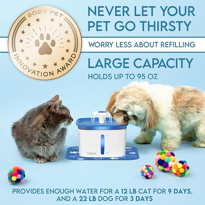 Veken 95oz/2.8L Pet Fountain, Automatic Cat Water Fountain Dog Water Dispenser with Replacement Filters for Cats, Dogs, Multiple Pets (Blue, Plastic)