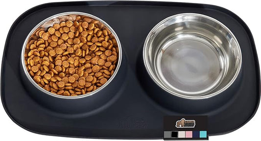 GORILLA GRIP 100% Waterproof BPA Free Cat and Dog Bowls Silicone Feeding Mat Set, Stainless Steel Bowl Slip Resistant Raised Edges, Catch Water, Food Mess, No Spills, Pet Accessories, 1 Cup, Black