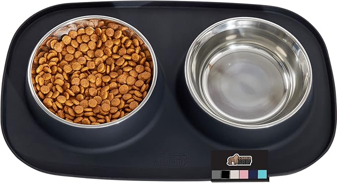GORILLA GRIP 100% Waterproof BPA Free Cat and Dog Bowls Silicone Feeding Mat Set, Stainless Steel Bowl Slip Resistant Raised Edges, Catch Water, Food Mess, No Spills, Pet Accessories, 3 Cup, Black