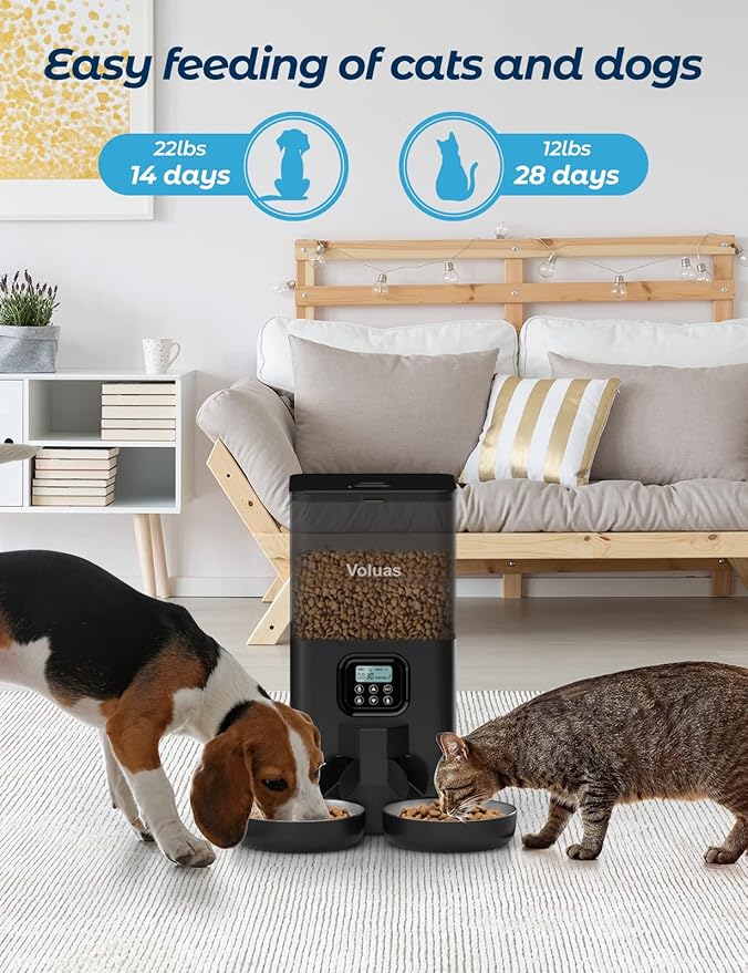 Voluas Automatic Cat Feeder for Two Cats, Double Pet Feeder with 2 Stainless Steel Bowls,6L Timed Cat Feeder with Memory Function, Pet Food Dish