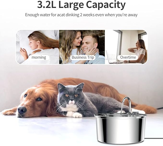 Tomxcute Cat Water Fountain, 3.2L/108oz Automatic Stainless Steel Pet Fountain Dog Water Dispenser, Ultra-Quiet Pump and 3 Replacement Filters & for Cats, Dogs, Multiple Pets