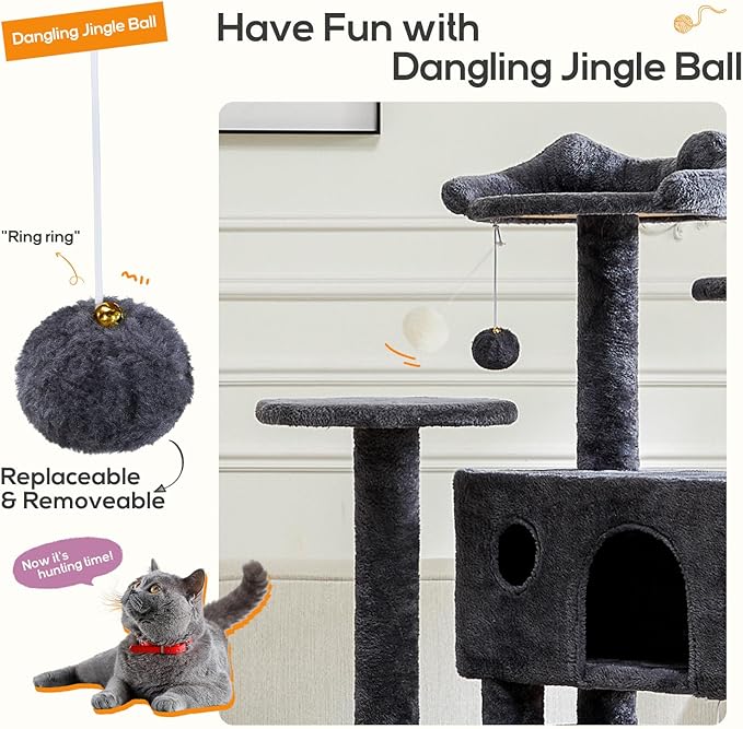 Cat Tree, 54-Inch Cat Tower for Indoor Cats with Sisal Scratching Post, Cat Play House, Large Kitty Condo, Plush Multi-Level with Climbing Ladder