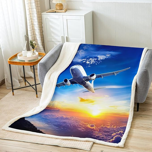 Feelyou Aircraft Throw Blanket Kids Teens Airplane Print Fleece for Couch Bed Sofa Aircraft Flying Sherpa Blanket Soft Flying Plane Travel Plush Fuzzy Room DecorKing 87"x95"