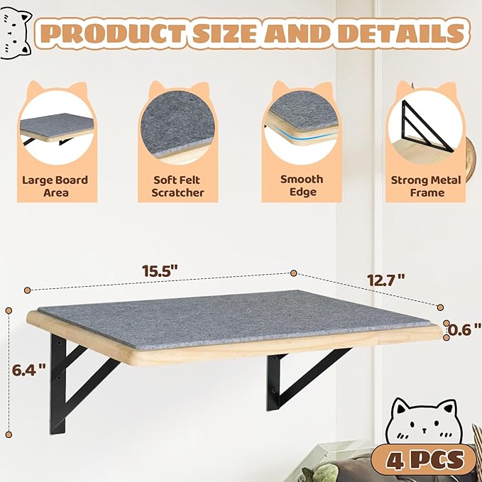 Cat Wall Shelves Set of 4, Wood Cat Shelves for Wall, Cat Wall Bed Hammock with Scratching Pad, Cat Climbing Shelf for Sleeping Playing, Cat Window Perch for Big Cats, Burlywood Cat Furniture Indoor
