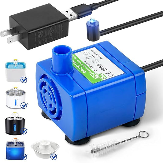 IP68 DR-DC160 Submersible Water Pump Cat Water Fountain Pump for Tritone Ceramic Stainless Steel Round Flower Cap Cat Fountains Automatic Pet Water Dispenser Replacement Pump (with LED&Adapter&Brush)