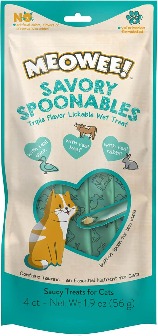 Savory Spoonables with Real Duck, Beef and Rabbit for Cats, 4 Count, Treat Your Cat to Triple Flavor Squeezable Lickable Wet Treats with Built-in Spoon for Less Mess