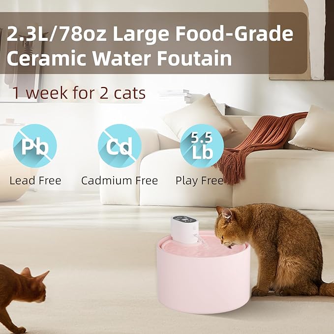 Ceramic Cat Water Fountain,2.3lL/78oz Cat Water Fountain Cordless, Automatic pet Water Fountain with Ultra-Quiet Pump and 4 Filter for Cats, Dogs, Multiple Pets