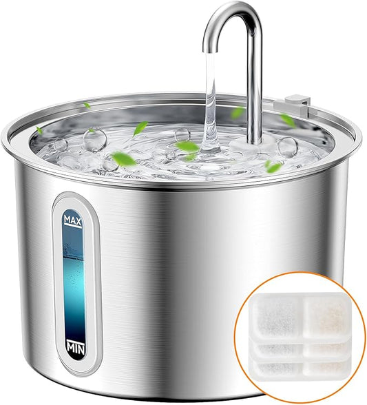 oneisall Stainless Steel Cat Water Fountain, 2L Water Fountains for Cats Indoor with Quiet Pump and 3 Replacement Filters, Pet Water Fountain Faucet Spout Design Cat Fountain Drinking Inside, PWF 001