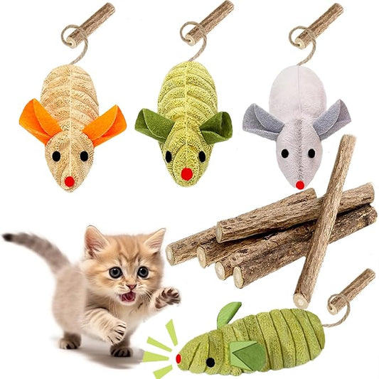 9Pcs Cat Toys, 3X Squeak Mice Catnip Toys for Indoor Cat + 6X Silvervine Chew Stick Dental Chirping Mouse Plush Kitten Stuffed Toy Cleaning Teeth Matatabi Bite Interactive Cat Gifts Kitty Toy