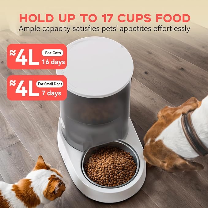 Rechargable Automatic Cat Feeders - 5G WiFi Pet Feeder with APP Control, 4L Timed Cat Feeders for Dry Food, 1-10 Meals Per Day, 12 Portions Per Meal - Ceramic Bowl Included
