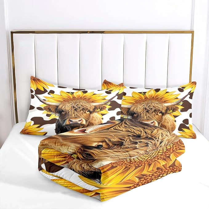 Highland Cattle Comforter Set Twin Cute Animal Bedding Set Aesthetic Microfiber Comforters Soft with 1 Pillowcase