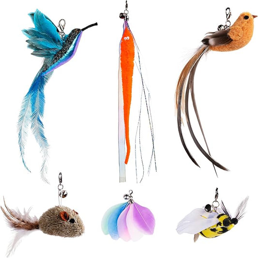 JXFUKAL Cat Feather Toy Refills, 6Pcs Simulation Bird Mouse Bee Worm Feather Cat Lures Cat Wand Attachment Cat Toys Replacement for Kitty Kitten Indoor Cats Cat Accessories