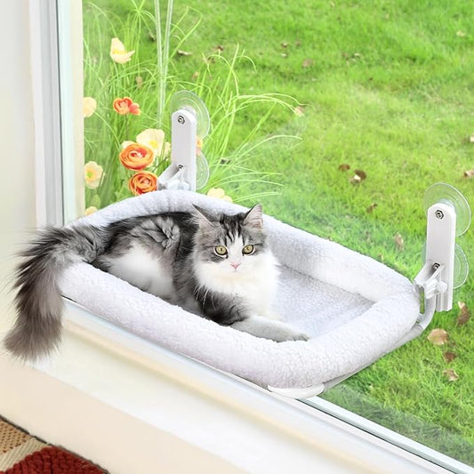 Foldable Cat Hammock for Window - Cordless, Embeded Machine Washable Bed, Robust Metal Frame - Cat Window Perch for Large Cats and Kittens (White Bolster Bed, Large)