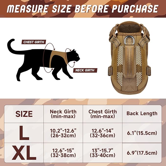 Tactical Cat Harness, Air Mesh Cat Walking Vest Harness Escape Proof, Reflective Large Cat Harnesses with Handle for Adult Fat Cats (Khaki, XL)