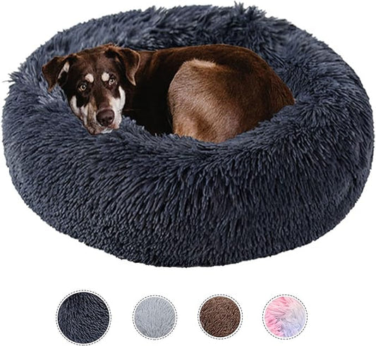 Dog Bed Calming Dog Beds for Small Medium Large Dogs - Round Donut Washable Puppy Dog Bed, Anti-Slip Faux Fur Fluffy Donut Cuddle Anxiety Cat Pet Bed(28" Dark Grey)