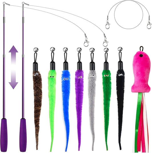 11PCS Cat Wand Toy, Cat Toys Interactive for Indoor Cats, 2 Retractable Cat Wand, 7 Worm Cat Teaser Toys and 1 Plush Fish Cat Toy, Cat Feather Toys for Play Chase Exercise with Kitten, Extra 1 Line
