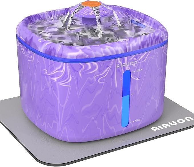 Cat Water Fountain 84oz/2.5L - Automatic Pet Fountain & Dog Water Dispenser with Replacement Filters & Feeding Mat for Cats, Dogs, Multiple Pets (Camouflage Purple)
