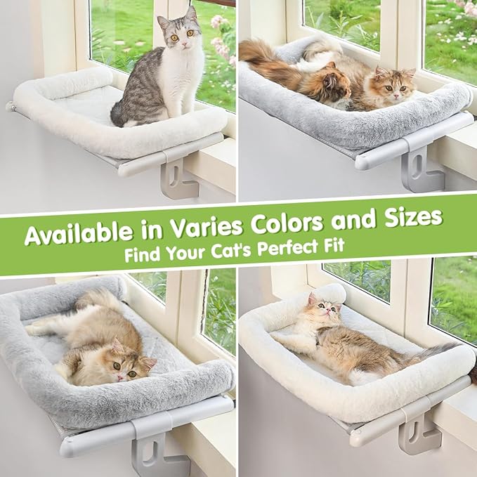 Cat Window Sill Perch with Large Bolster, Easy to Adjust & Assemble Cat Window Seat for Windowsill & Bedside, Cat Hammock Bed for Large Cats and Kittens (White, M)