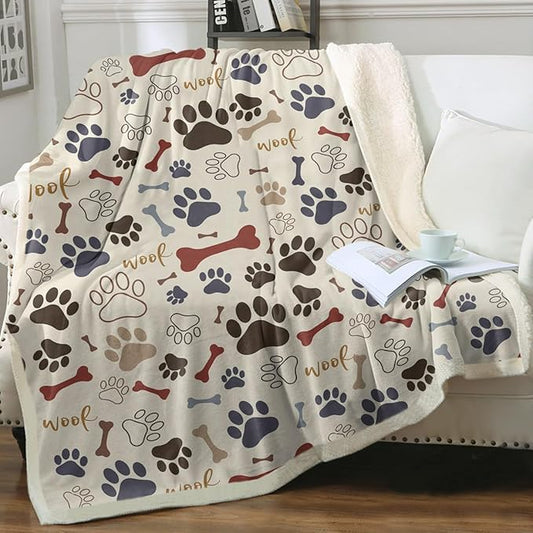 Sleepwish Dog Paws and Bones Print Fleece Throw Blanket for Kids Soft Plush Light Yellow Sherpa Blanket for Couch Chair Bed, Queen (90" X 90")