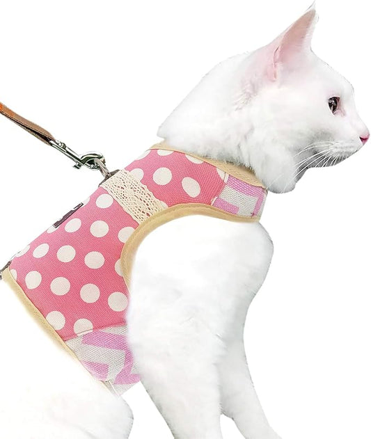 Cat Harness and Leash for Walking Escape Proof, Adjustable Cat Vest Harness, Padded Stylish Cat Walking Jackets, Polka Dot Pink, Small