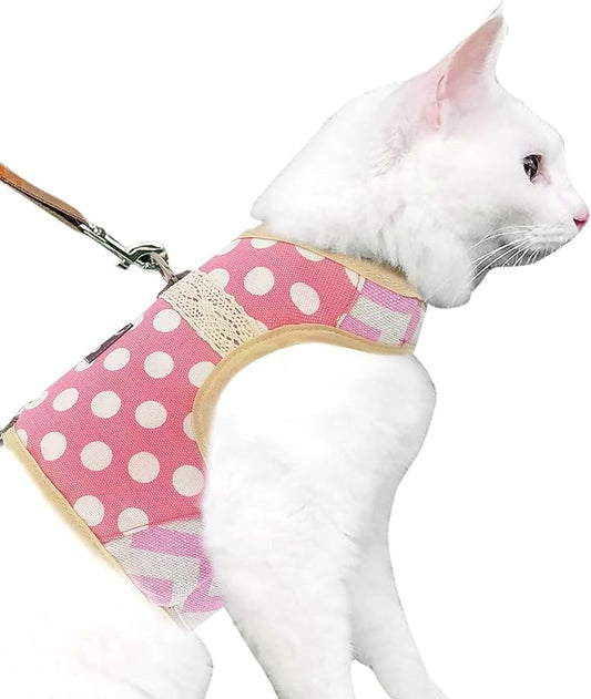 Cat Harness and Leash for Walking Escape Proof, Adjustable Cat Vest Harness, Padded Stylish Cat Walking Jackets, Polka Dot Pink, X-Small
