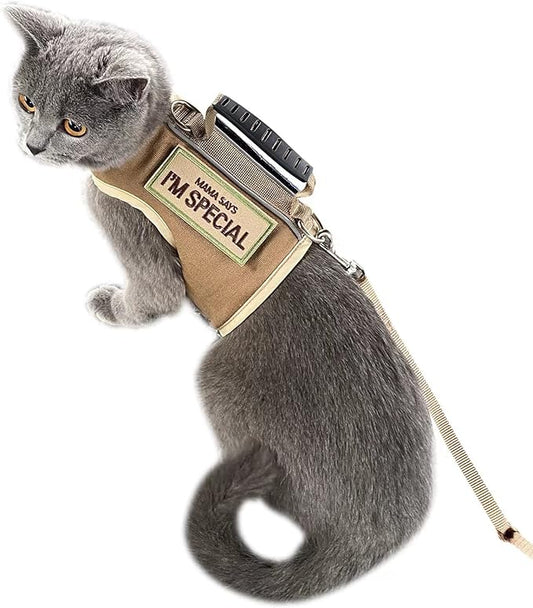 Tactical Cat Harness and Leash for Walking Escape Proof, Adjustable Cat Walking Jackets, Padded Stylish Cat Vest, Khaki, Medium