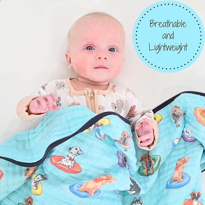 LollyBanks Muslin Baby Blanket 100% Cotton, Muslin Quilt Lightweight, 6 Layers Baby Blankets 47"x 47", Toddler Blanket for Boy and Girl, Nursery Receiving Blankets(Swimming Dogs Print)
