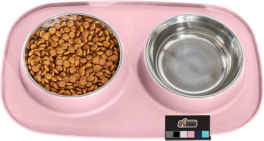 GORILLA GRIP 100% Waterproof BPA Free Cat and Dog Bowls Silicone Feeding Mat Set, Stainless Steel Bowl Slip Resistant Raised Edges, Catch Water, Food Mess, No Spills, Pet Accessories, 2 Cup, Pink