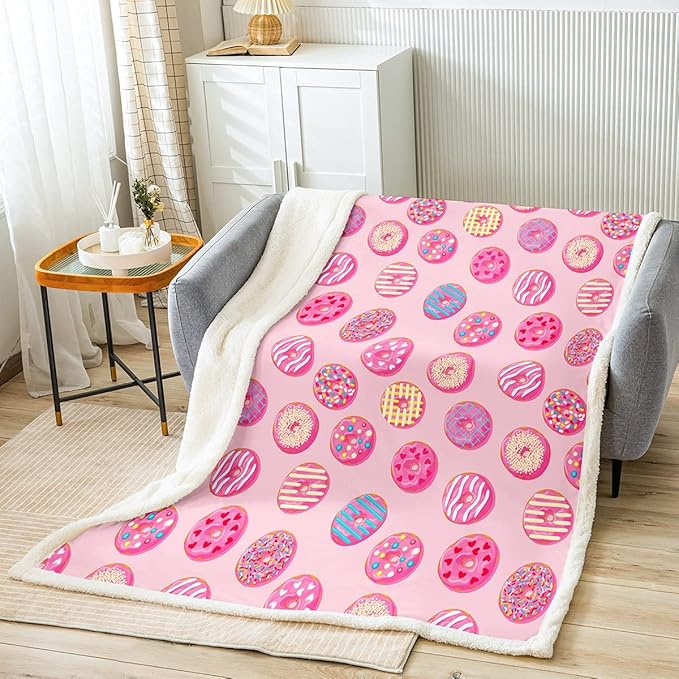 Feelyou Girls Donuts Blanket Pink Chocolate Doughnut Throw Blanket Whimsical Dessert Fleece Blanket for Couch Bed Sofa Decor Bright Kawaii Food Sherpa Blanket Fuzzy Blanket Queen 90"x90"