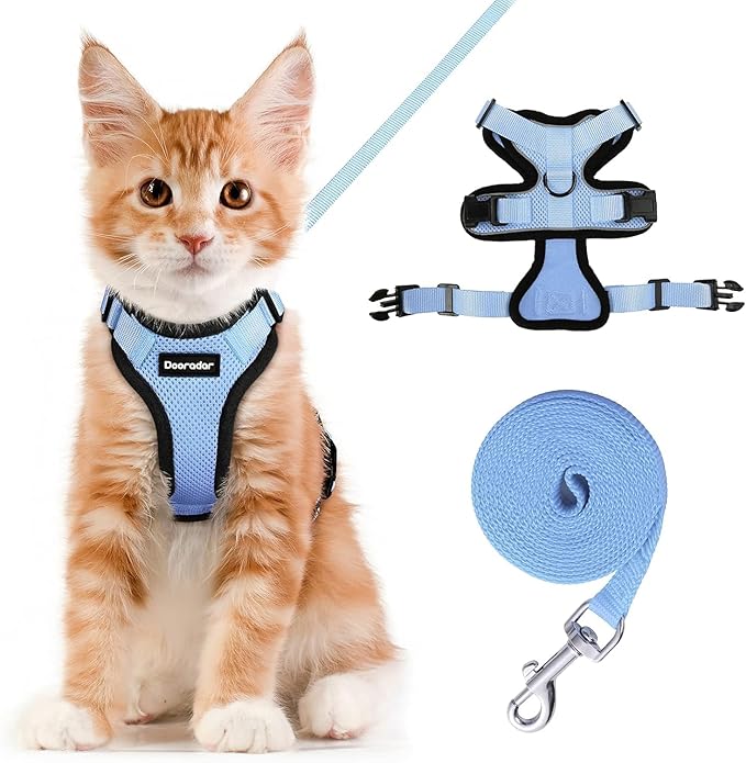 Dooradar Cat Harness and Leash Set, Escape Proof Safe Adjustable Kitten Vest Harnesses for Walking, Easy Control Soft Breathable Mesh Jacket with Reflective Strips for Cats, Light Blue, XXS