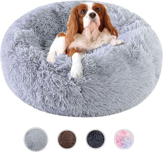 Dog Bed Calming Dog Beds for Small Medium Large Dogs - Round Donut Washable Puppy Dog Bed, Anti-Slip Faux Fur Fluffy Donut Cuddle Anxiety Cat Pet Bed(Light Grey 20")
