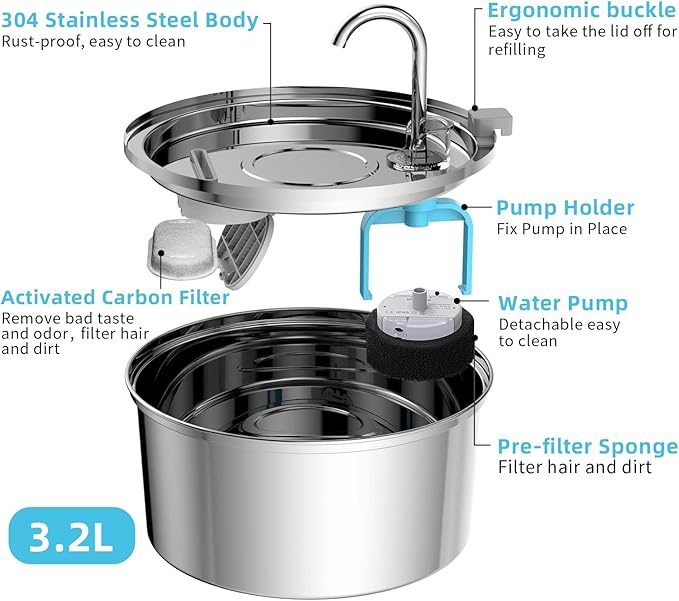 Tomxcute Cat Water Fountain, 3.2L/108oz Automatic Stainless Steel Pet Fountain Dog Water Dispenser, Ultra-Quiet Pump and 3 Replacement Filters & for Cats, Dogs, Multiple Pets