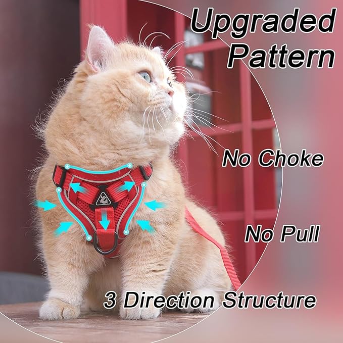 Cat Harness and Leash Set: Upgraded Escape Proof Vest with Lead for Large Cat Small Dog Puppy Walking, Soft Jacket Reflective Strips L Size Red