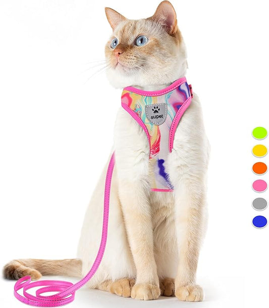 Supet Cat Harness and Leash Set Stylish Escape Proof Cat Vest Harness Adjustable Breathable Pet Harness with Reflective Trim Step-in Cat Leash and Harness for Cats Puppies M（Chest:11.0-18.3''