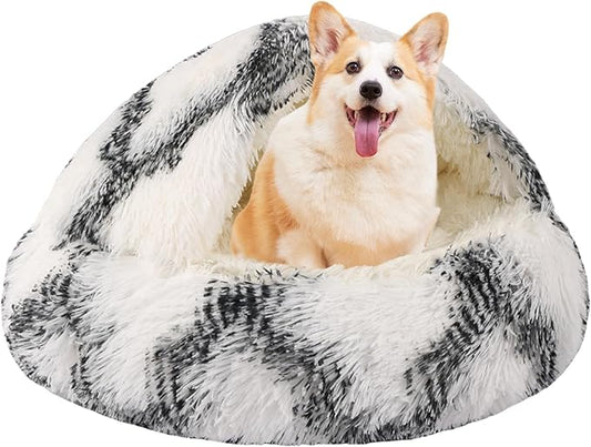 Round Hooded Cat Bed & Dog Bed with Cover Cave, Dog Bed for Small Dogs, Faux Fur Cuddler Round Coved Cat Bed Self Warming Donut Dog Bed Fits up to 12 lbs Pets (Grey White, 20inch x 20inch)