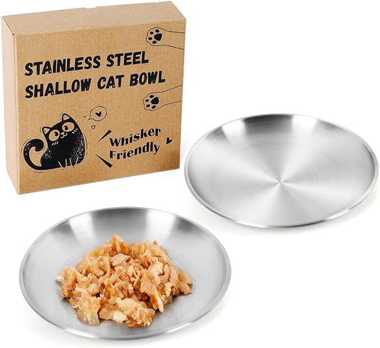 Wide Whisker Friendly Cat Dishes Set 6.7", Stainless Steel Cats Bowls, Shallow Food Bowl, Indoor Kitten Feeding Wet & Dry Food Dish to Prevent Whisker Fatigue(13 OZ) (Cat Dishes, 2 PCS)