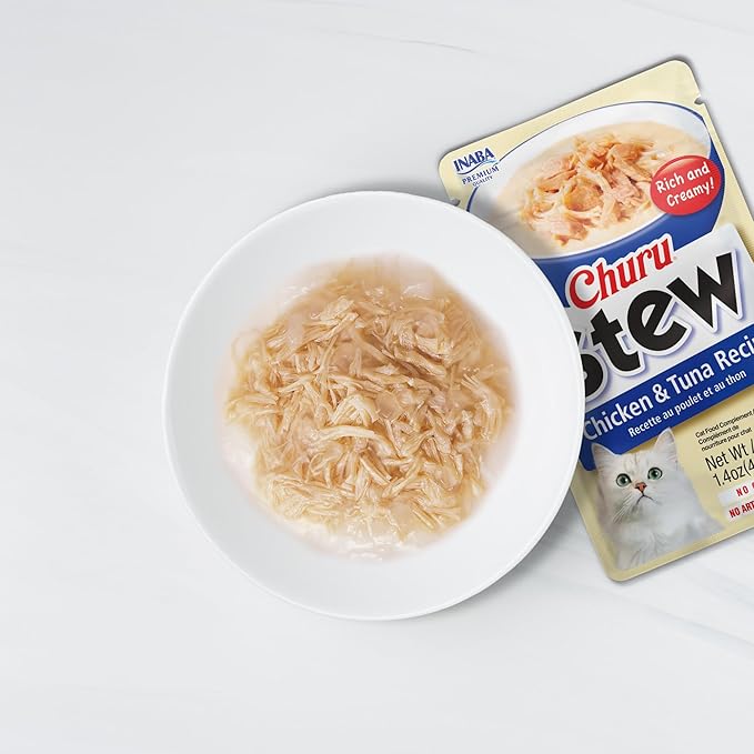 INABA Churu Stew for Cats, Broth Gelée with Shredded Chicken Side Dish Pouch with Vitamin E, 1.4 Ounces per Pouch, 12 Pouches, Chicken & Tuna Recipe