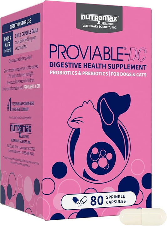 Nutramax Proviable Digestive Health Supplement Multi-Strain Probiotics and Prebiotics for Cats and Dogs - with 7 Strains of Bacteria, 80 Capsules, blue