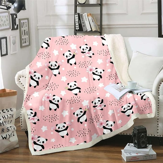Erosebridal Kawaii Panda Throw Blanket for Bed Couch Girls,Pink Cherry Blossom Fleece Blanket Stars Sherpa Flannel Baby Size Cute Dots Blanket,Lovely Bear Animal for Sofa Couch